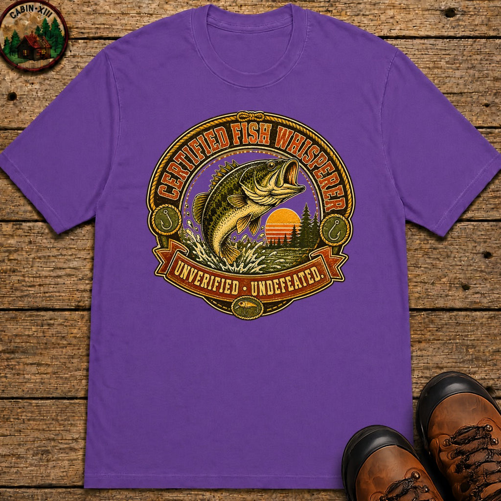 Certified Fish Whisperer Unverified Undefeated — Fishing Tee - Grape