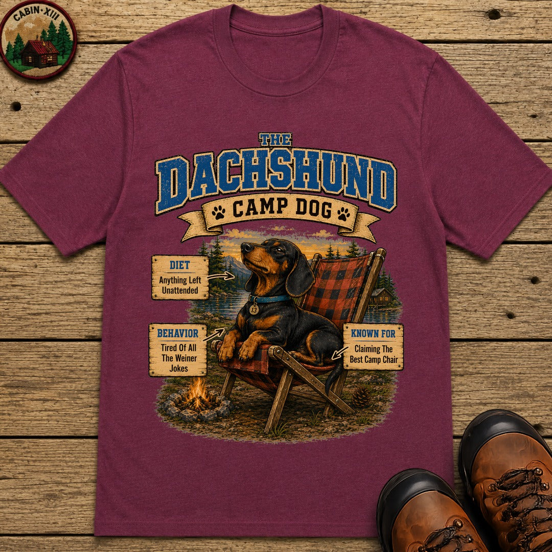 Dachshund Camp Dog - Tired Of All The Weiner Jokes Tee - Berry