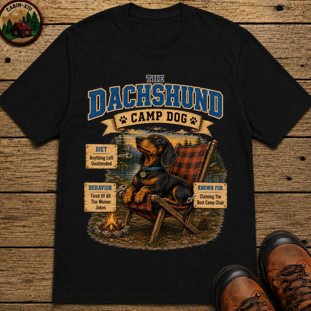 Dachshund Camp Dog - Tired Of All The Weiner Jokes Tee - Black