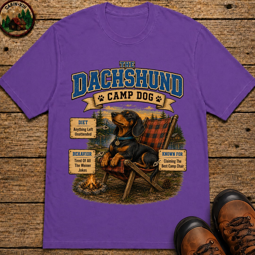 Dachshund Camp Dog - Tired Of All The Weiner Jokes Tee - Grape