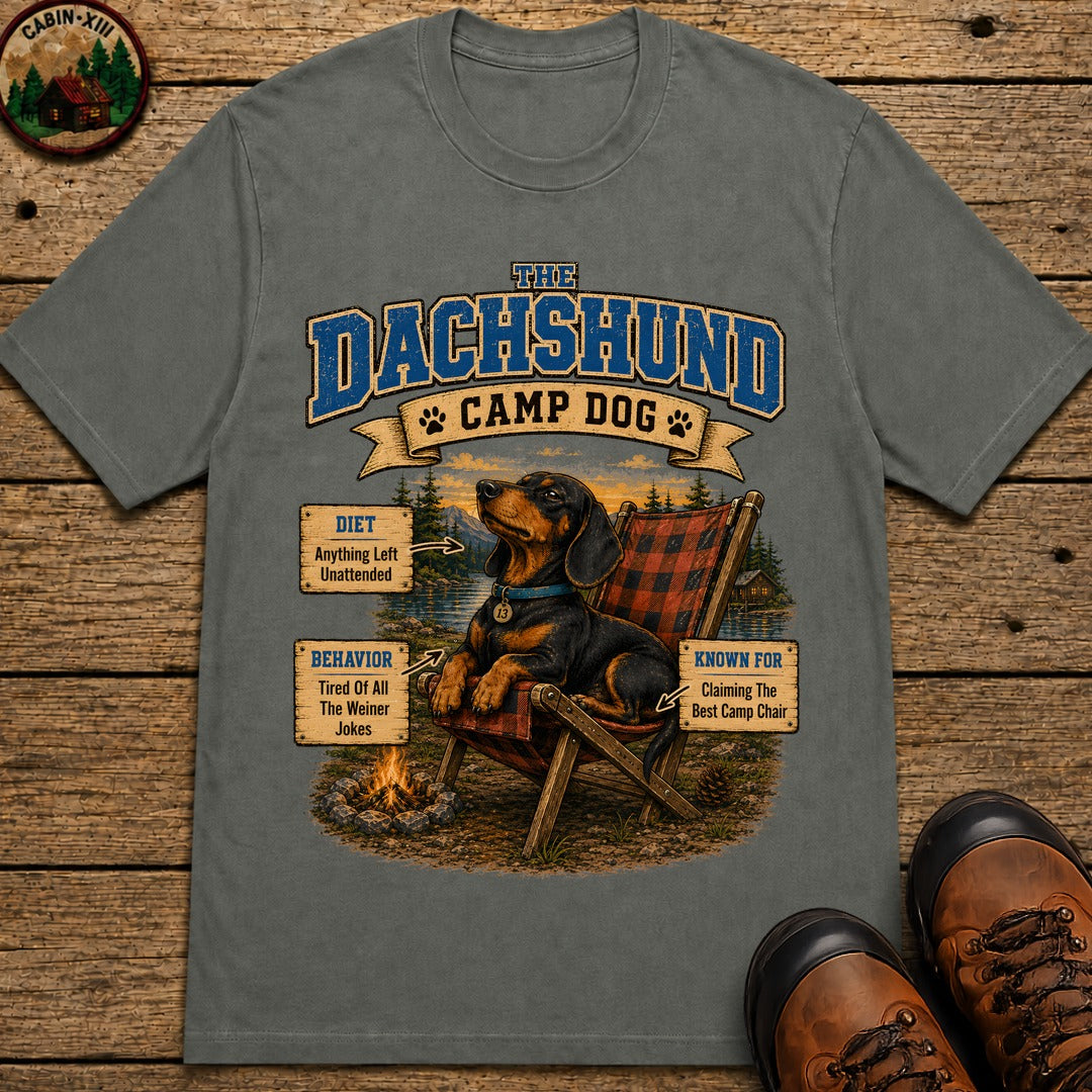 Dachshund Camp Dog - Tired Of All The Weiner Jokes Tee - Pepper
