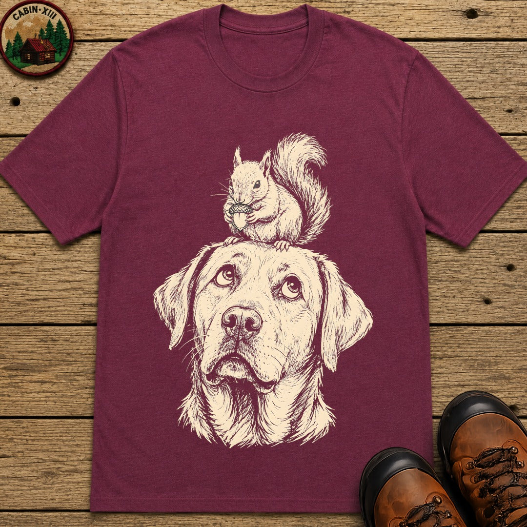 Dog and Squirrel — Vintage Sketch Outdoor Dog Tee - Berry