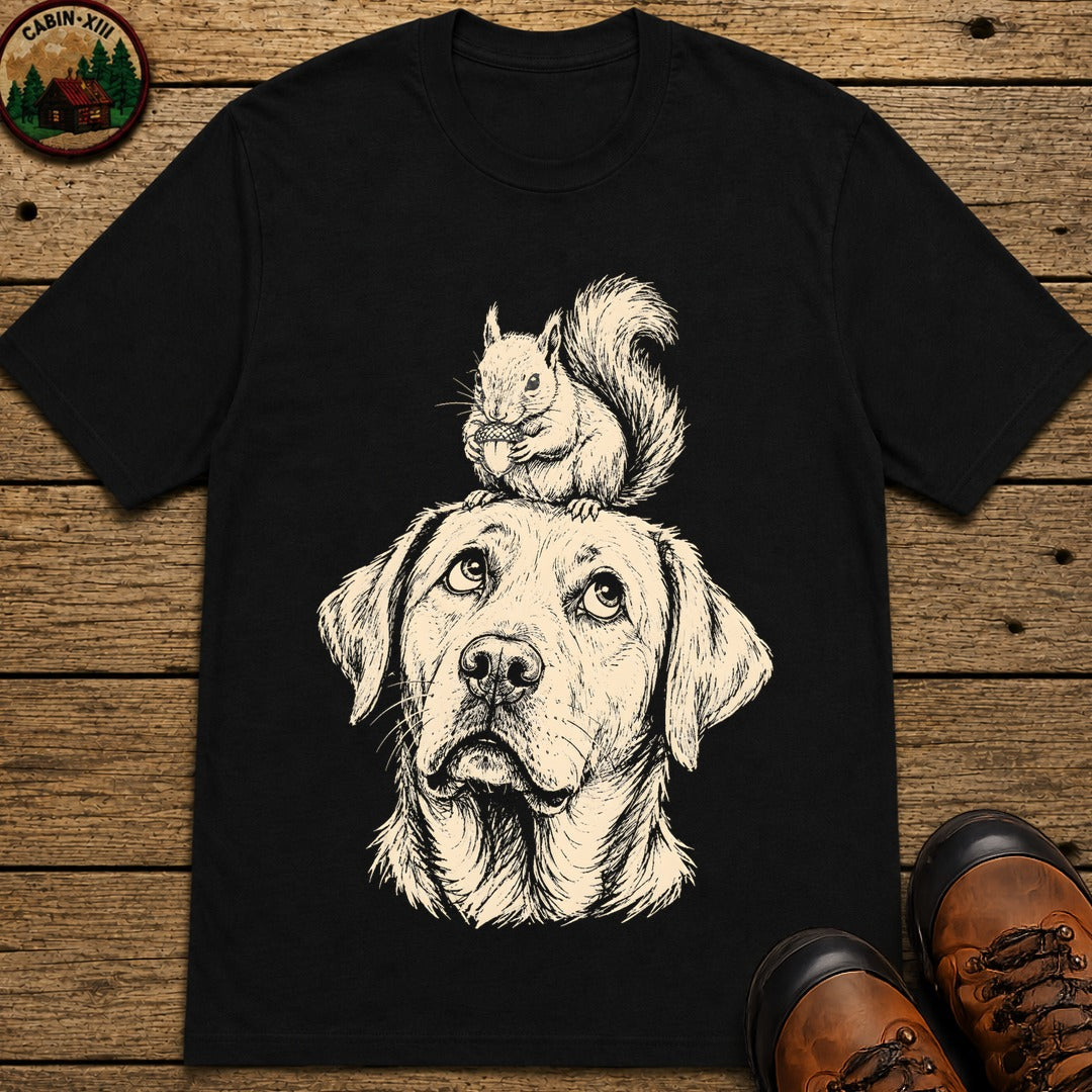 Dog and Squirrel — Vintage Sketch Outdoor Dog Tee - Black
