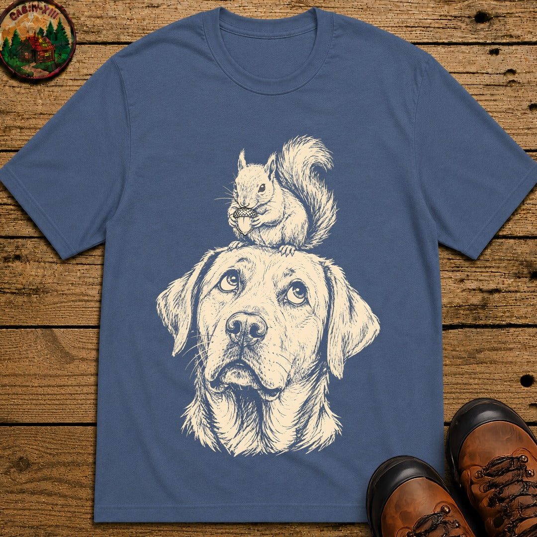 Dog and Squirrel — Vintage Sketch Outdoor Dog Tee - Blue Jean