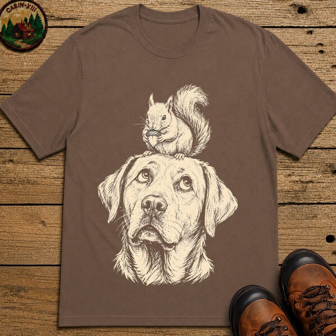 Dog and Squirrel — Vintage Sketch Outdoor Dog Tee - Espresso
