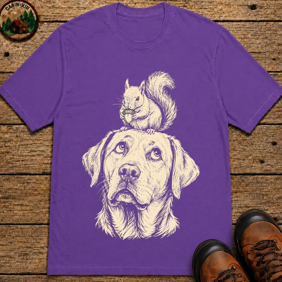 Dog and Squirrel — Vintage Sketch Outdoor Dog Tee - Grape