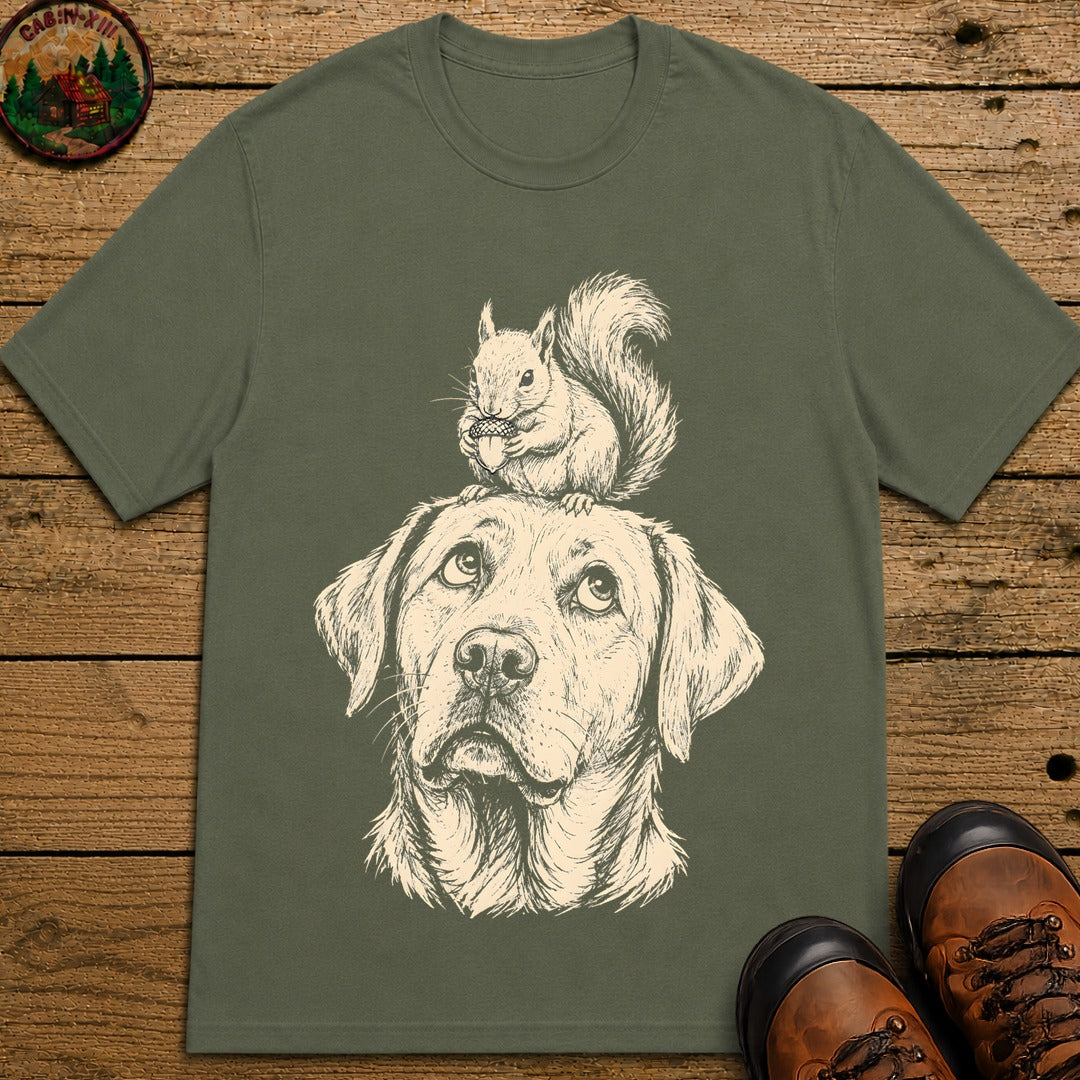 Dog and Squirrel — Vintage Sketch Outdoor Dog Tee - Moss