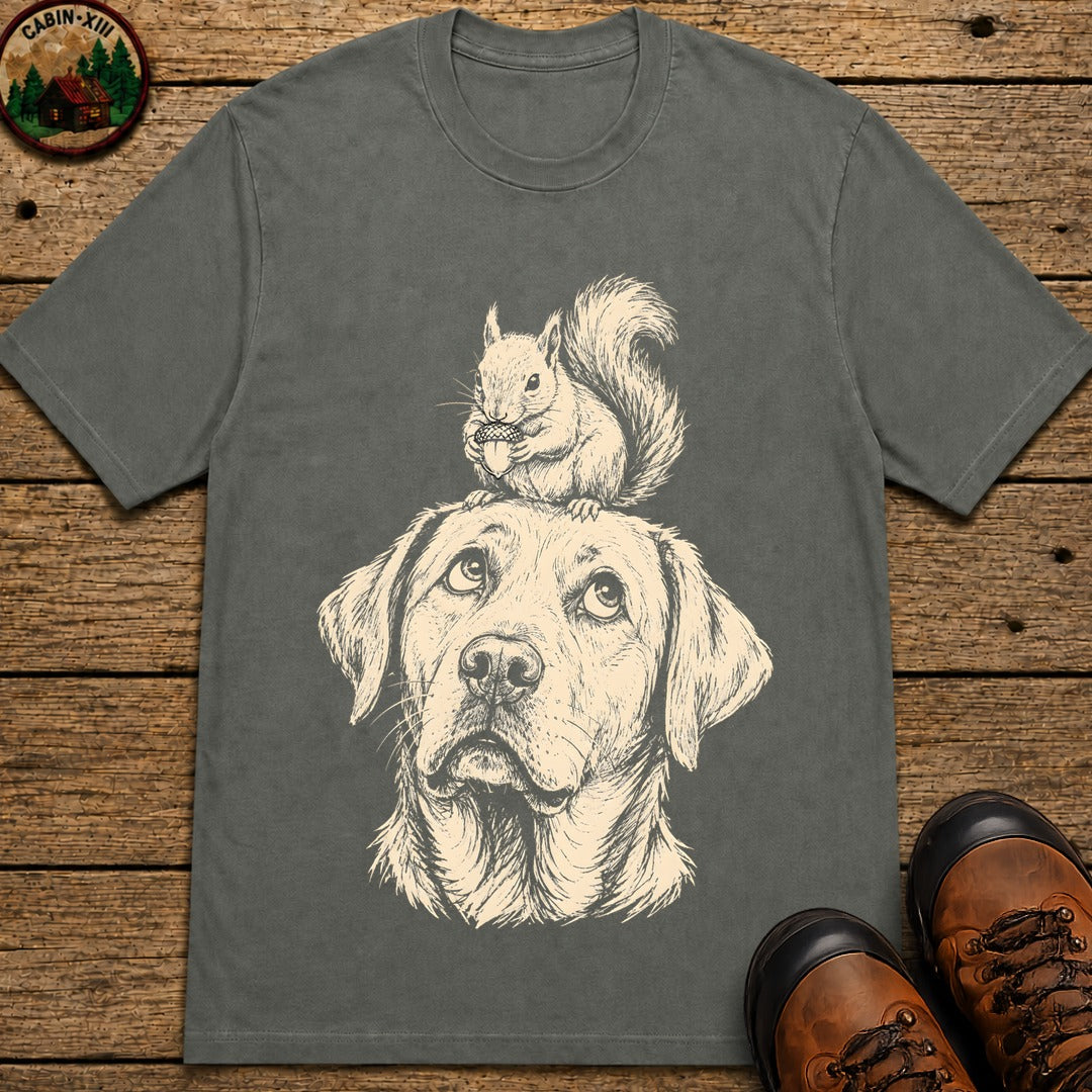 Dog and Squirrel — Vintage Sketch Outdoor Dog Tee - Pepper