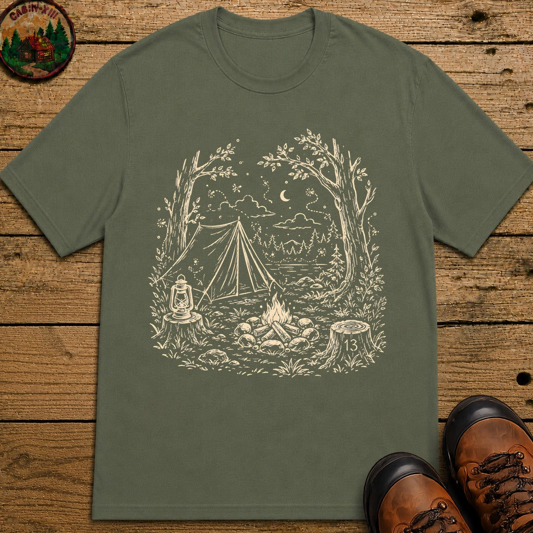 Firefly Campsite at Night T-Shirt - Moss