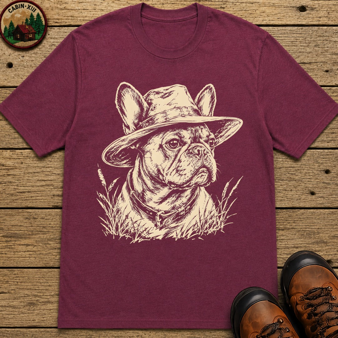French Bulldog in a Hat — Vintage Sketch Dog Tee - Berry