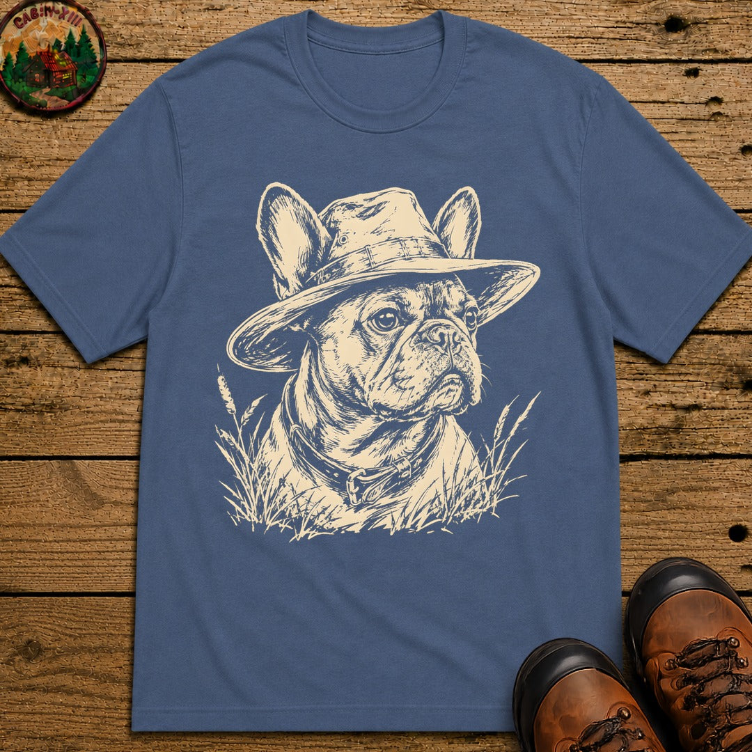 French Bulldog in a Hat — Vintage Sketch Dog Tee - Blue Jean