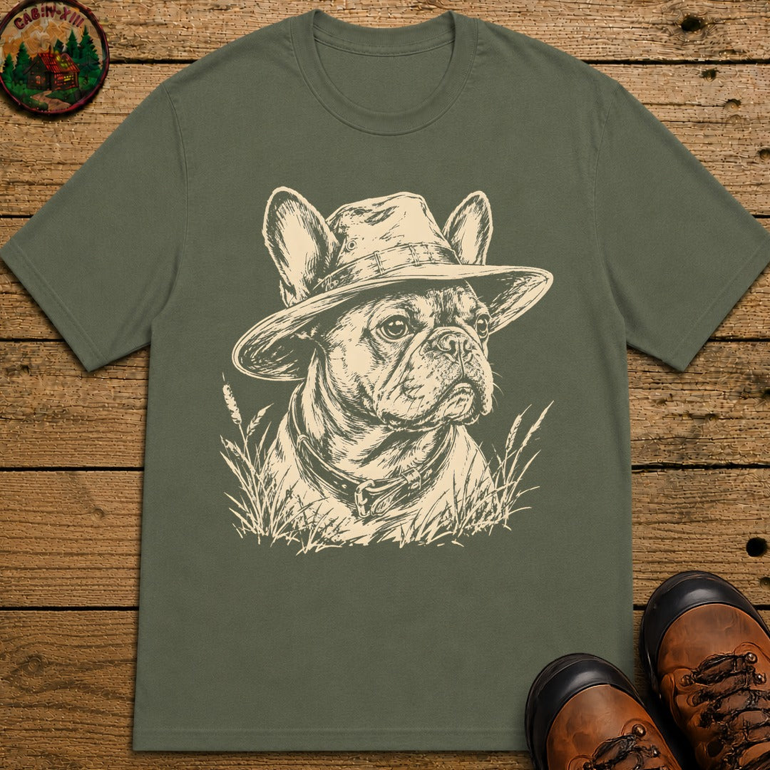 French Bulldog in a Hat — Vintage Sketch Dog Tee - Moss