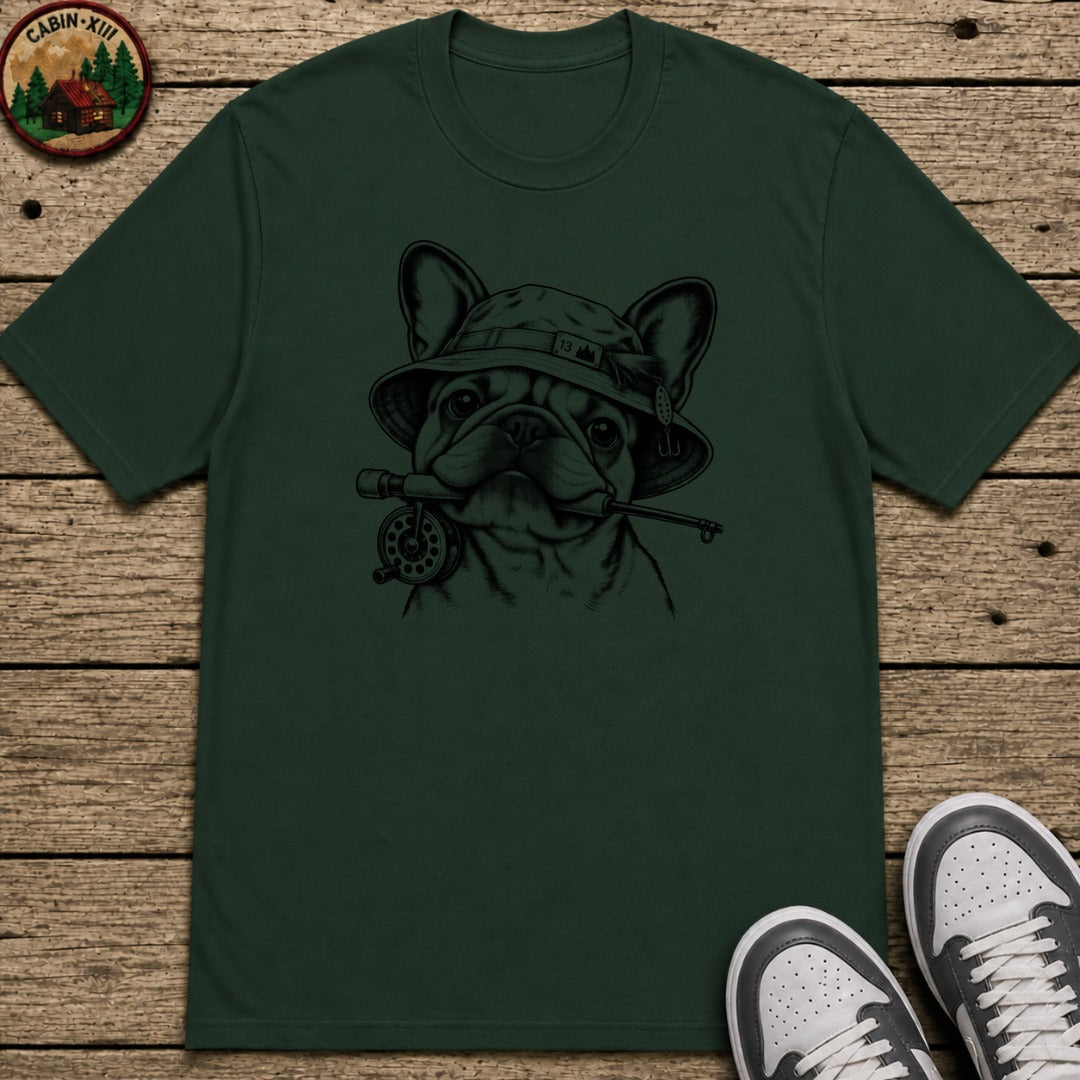 Frenchie In Fishing Hat Kids T-Shirt - Forest Green