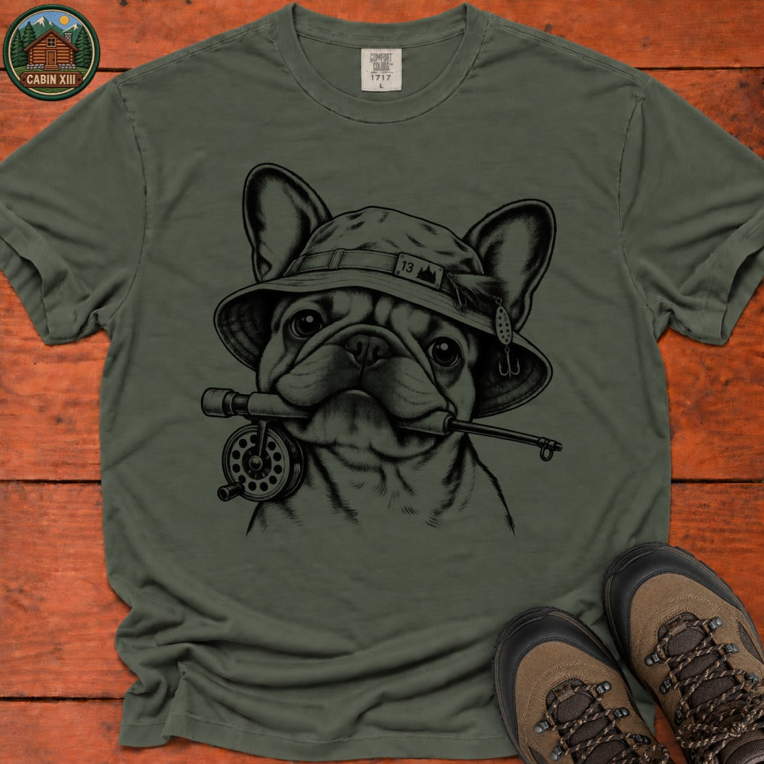 Frenchie In Fishing Hat T-Shirt - Moss