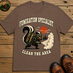 Fumigation Specialist Clear the Area — Skunk Outdoor Humor Tee - Espresso