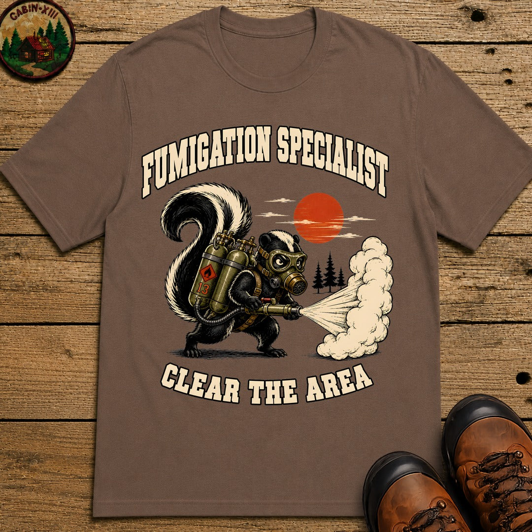 Fumigation Specialist Clear the Area — Skunk Outdoor Humor Tee - Espresso