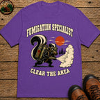 Fumigation Specialist Clear the Area — Skunk Outdoor Humor Tee - Grape
