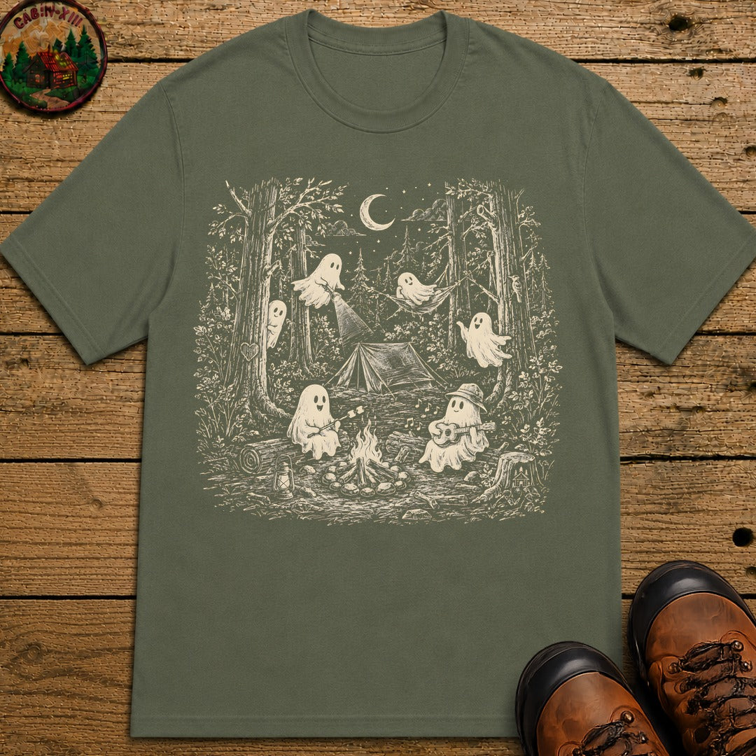 Ghosts Around The Campfire Sketch T Shirt - Moss
