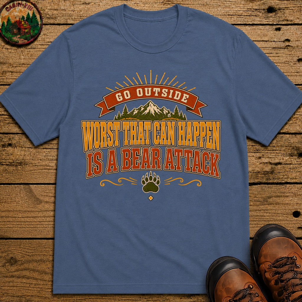 Go Outside Bear Attack (Modern) T Shirt - Blue Jean