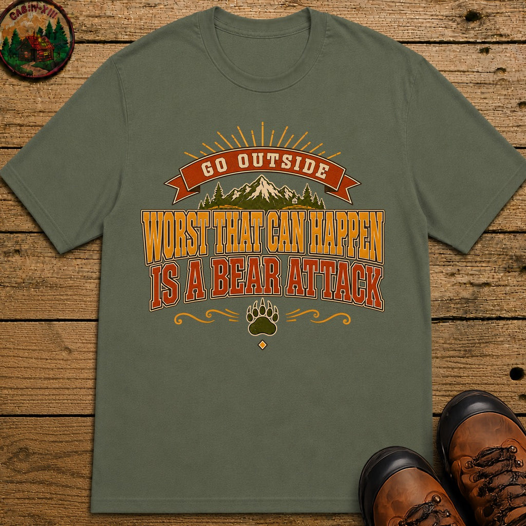 Go Outside Bear Attack (Modern) T Shirt - Moss