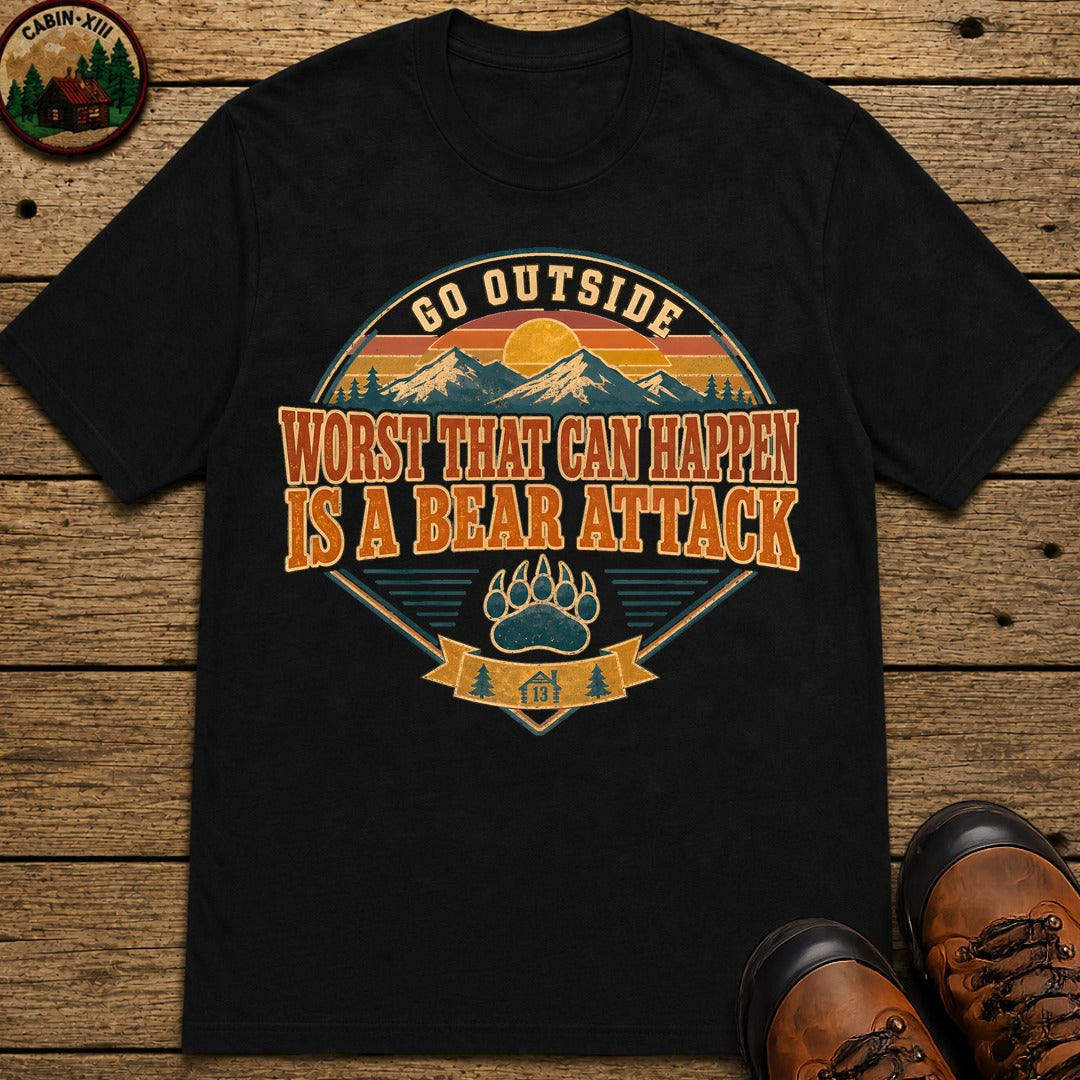 Go Outside Bear Attack (Retro) T Shirt - Black