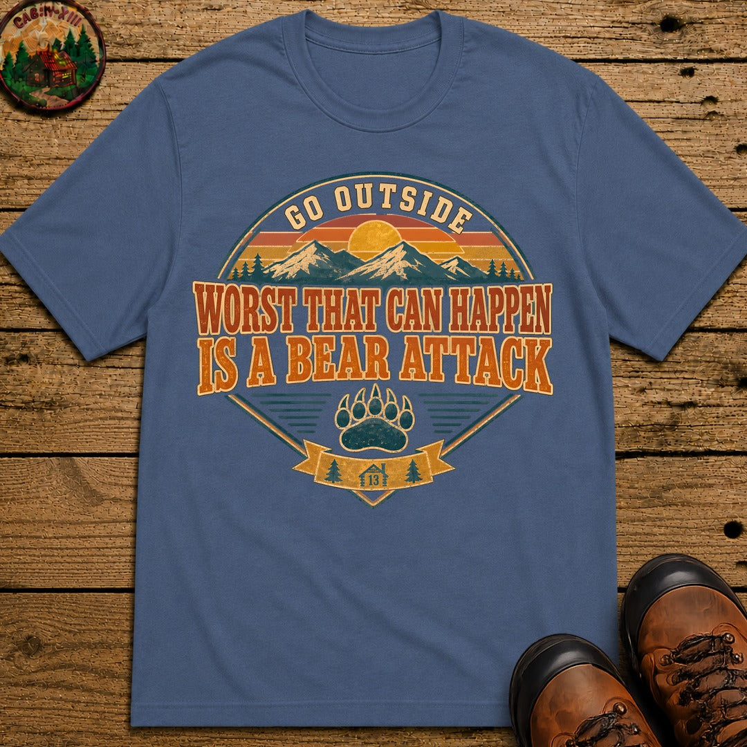 Go Outside Bear Attack (Retro) T Shirt - Blue Jean