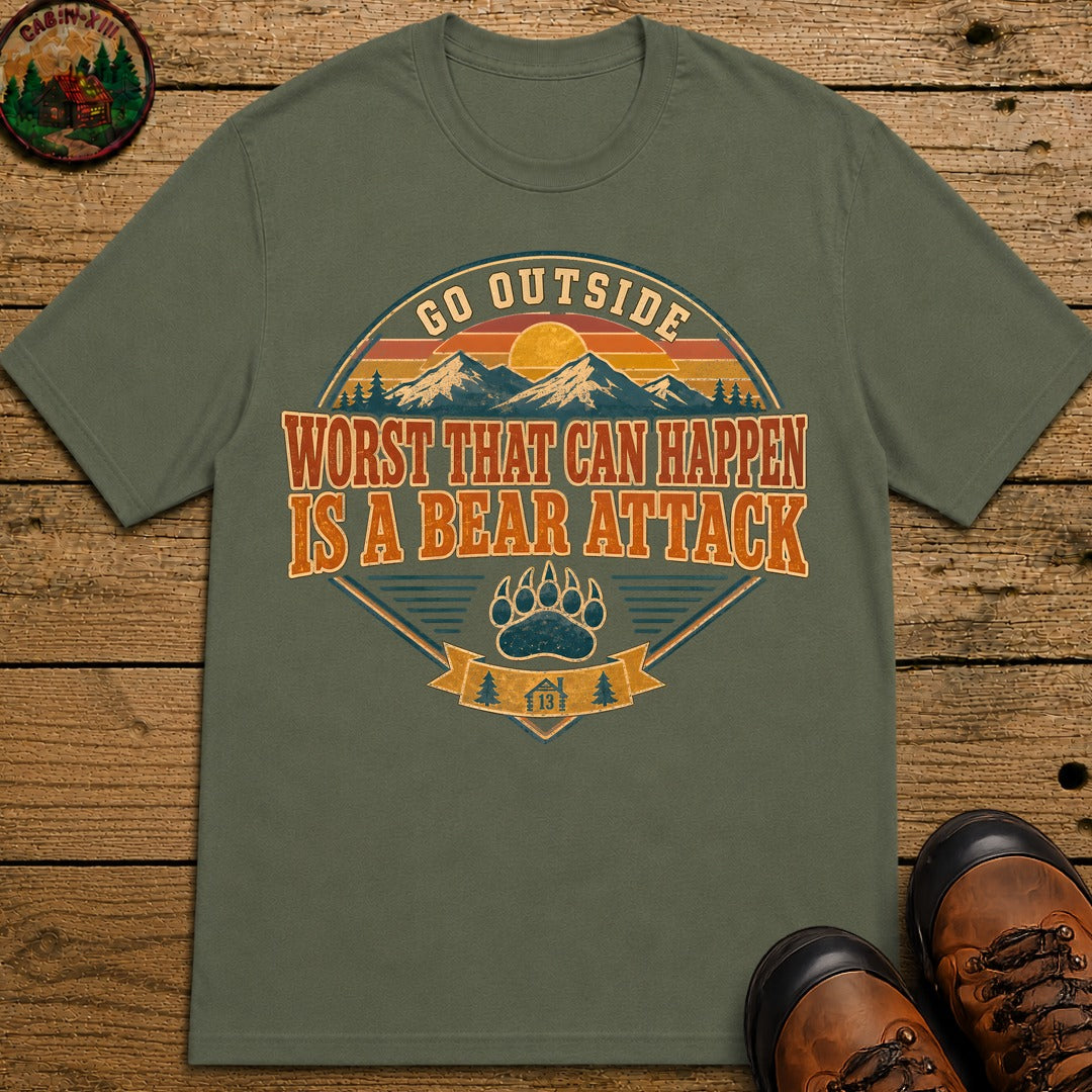 Go Outside Bear Attack (Retro) T Shirt - Moss