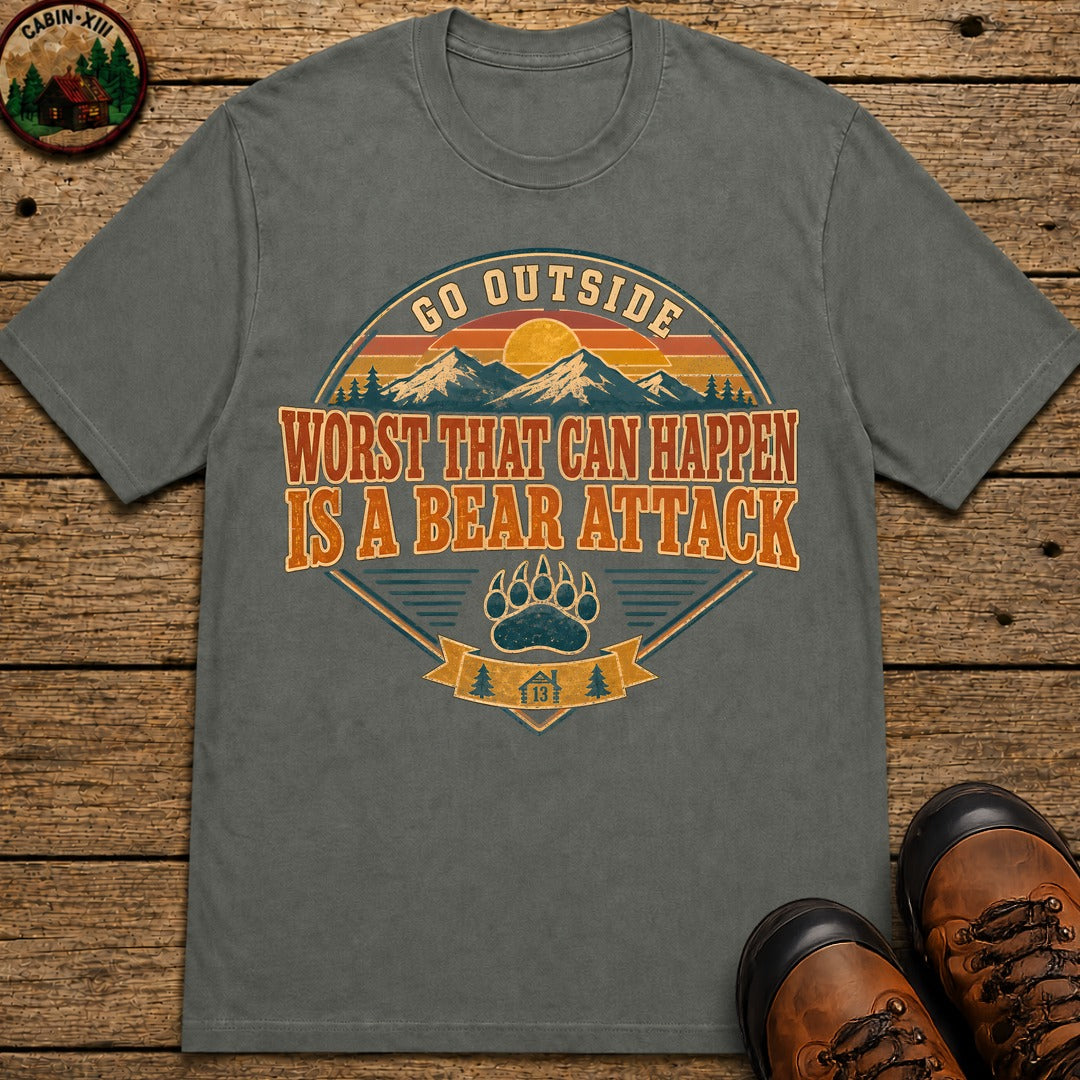Go Outside Bear Attack (Retro) T Shirt - Pepper