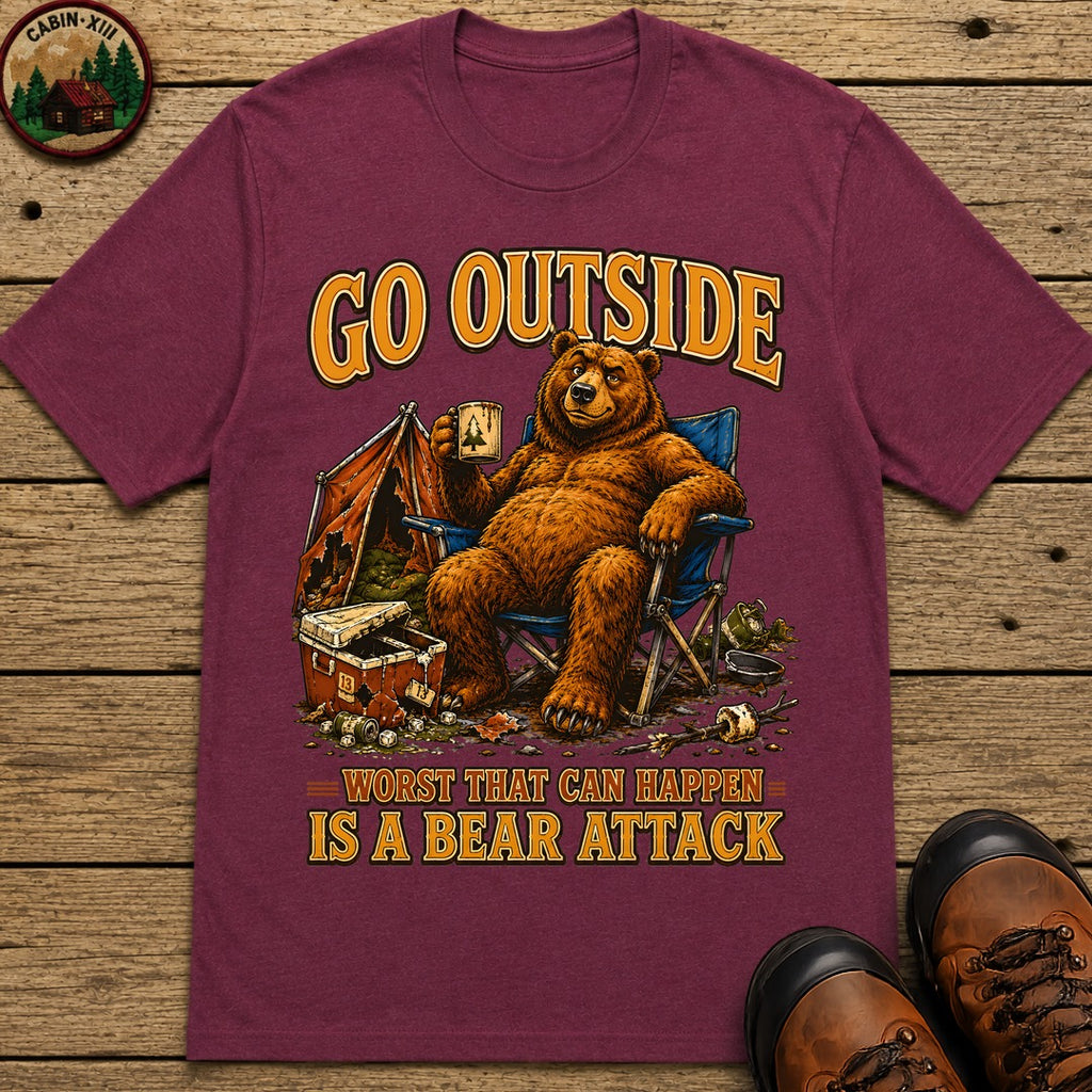 Go Outside Worst That Can Happen Is A Bear Attack Camp Tee - Berry