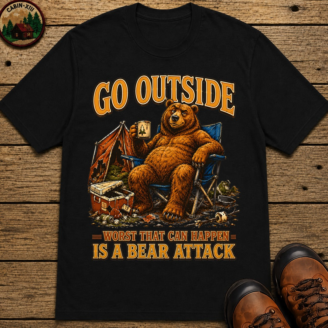 Go Outside Worst That Can Happen Is A Bear Attack Camp Tee - Black