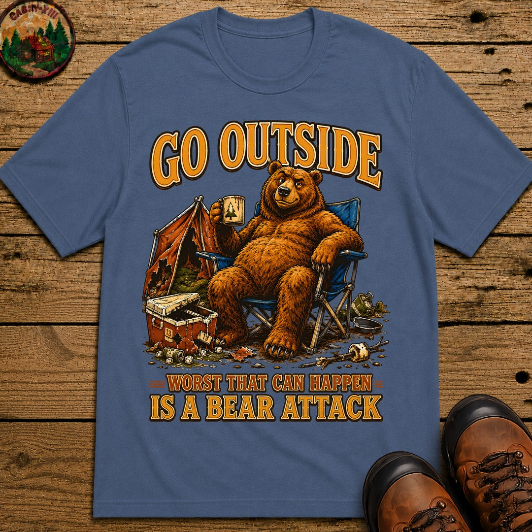 Go Outside Worst That Can Happen Is A Bear Attack Camp Tee - Blue Jean