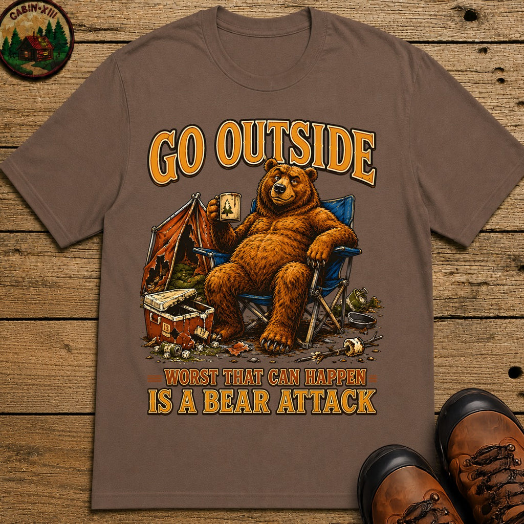 Go Outside Worst That Can Happen Is A Bear Attack Camp Tee - Espresso