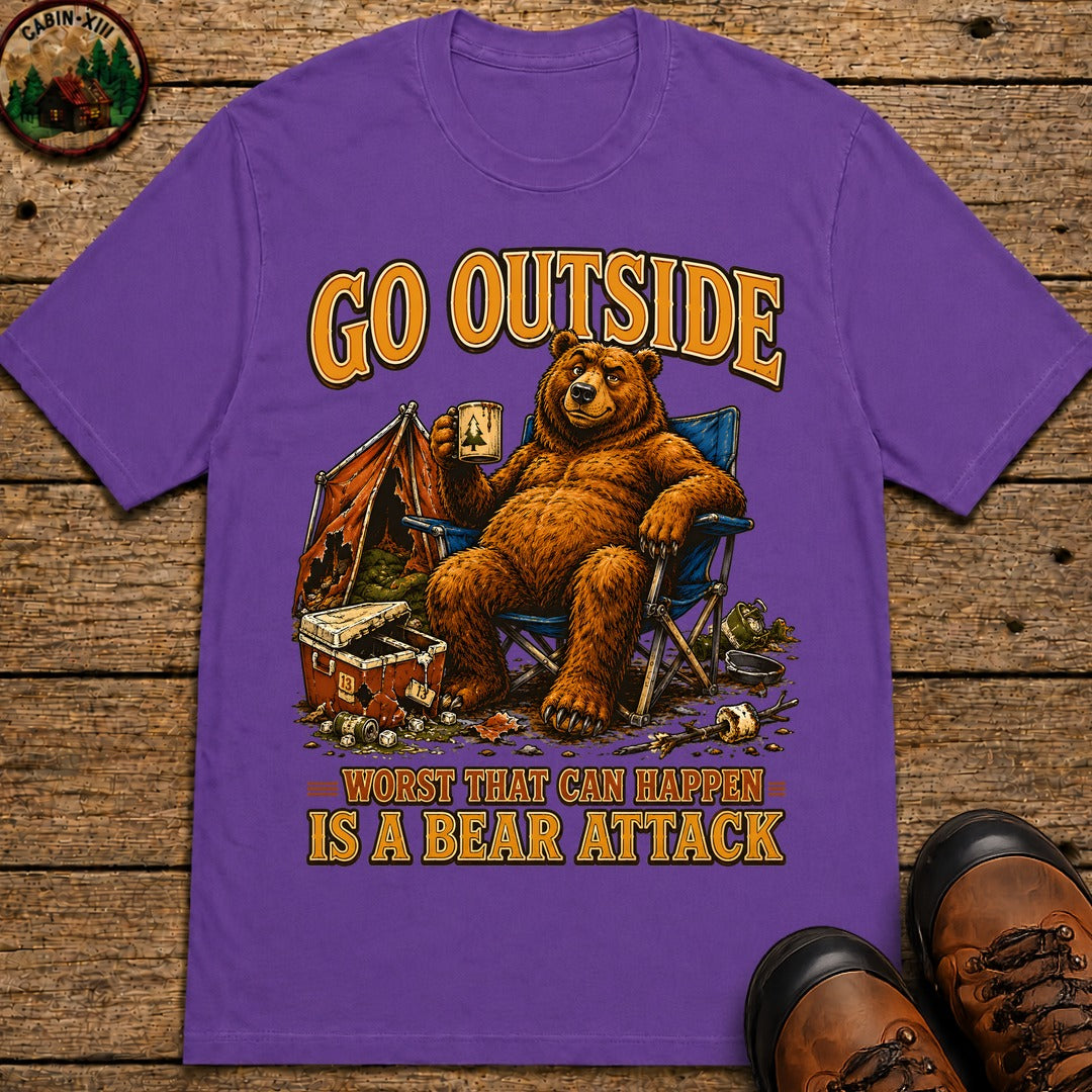 Go Outside Worst That Can Happen Is A Bear Attack Camp Tee - Grape