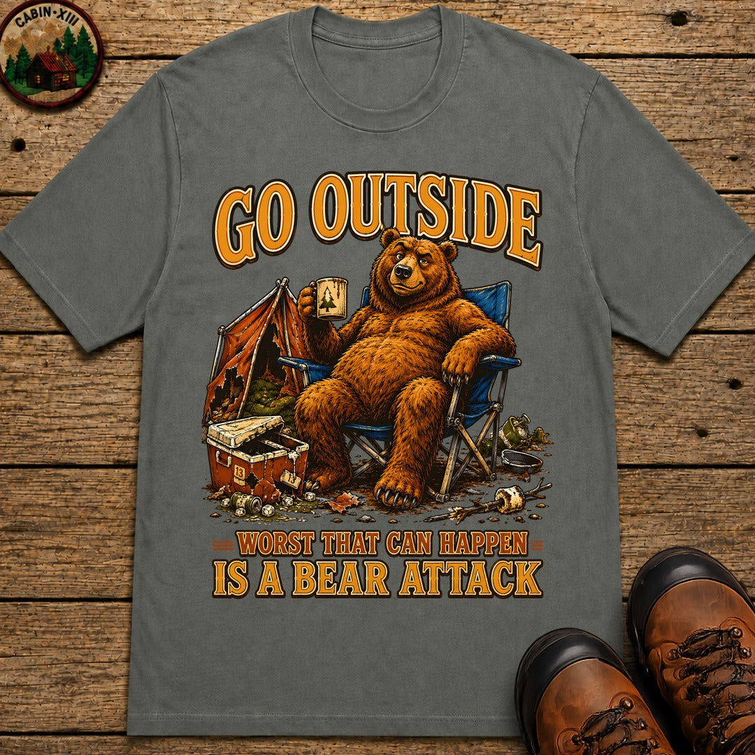 Go Outside Worst That Can Happen Is A Bear Attack Camp Tee - Pepper