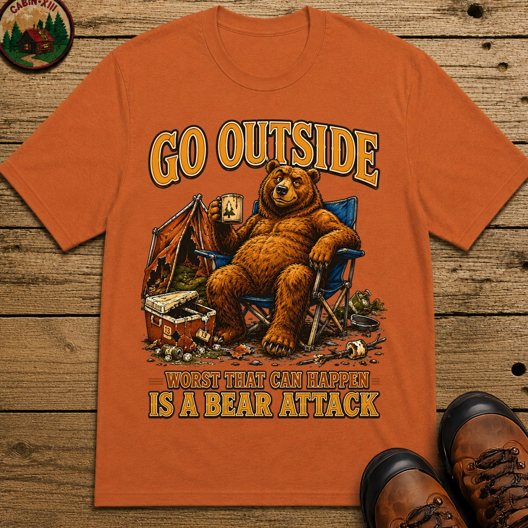 Go Outside Worst That Can Happen Is A Bear Attack Camp Tee - Yam