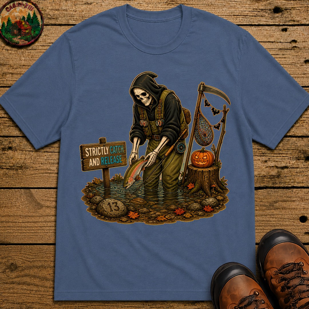 Grim Reaper Fishing Halloween T-Shirt - Blue Jean