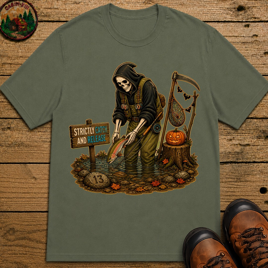 Grim Reaper Fishing Halloween T-Shirt - Moss