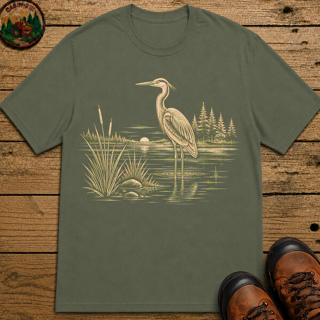 Heron On The Lake T-Shirt - Moss