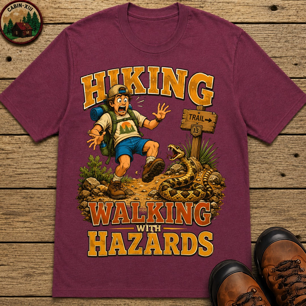 Hiking Walking With Hazards — Funny Rattlesnake Trail Tee - Berry