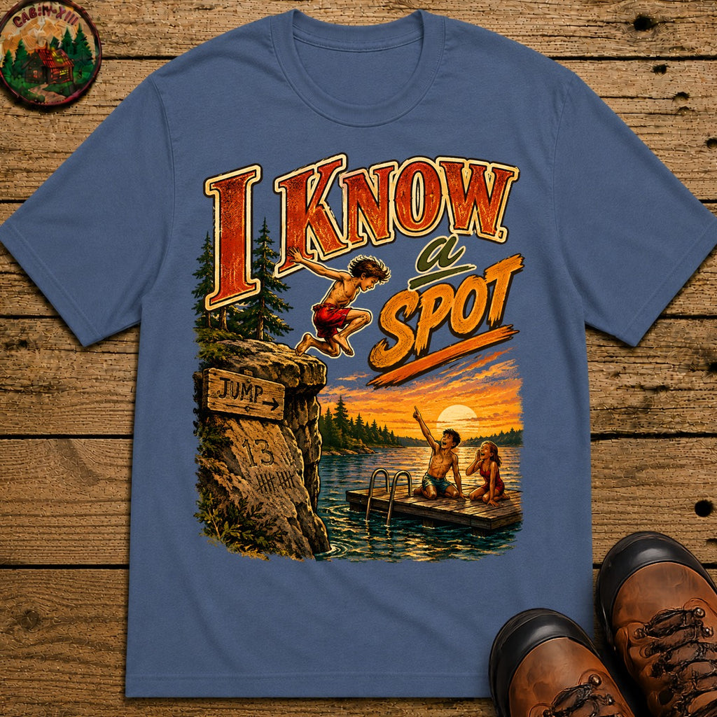 I Know a Spot — Vintage Lake Jumping Summer Camping Tee - Blue Jean