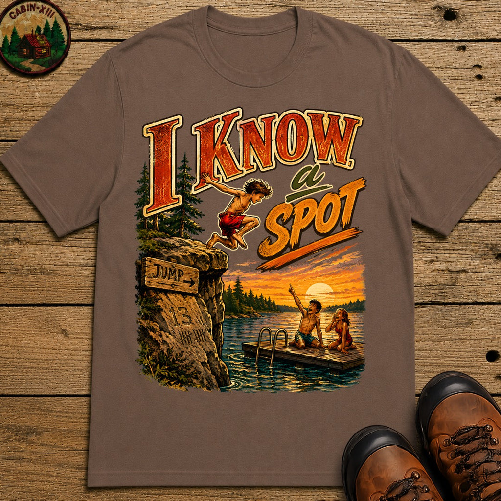 I Know a Spot — Vintage Lake Jumping Summer Camping Tee - Espresso