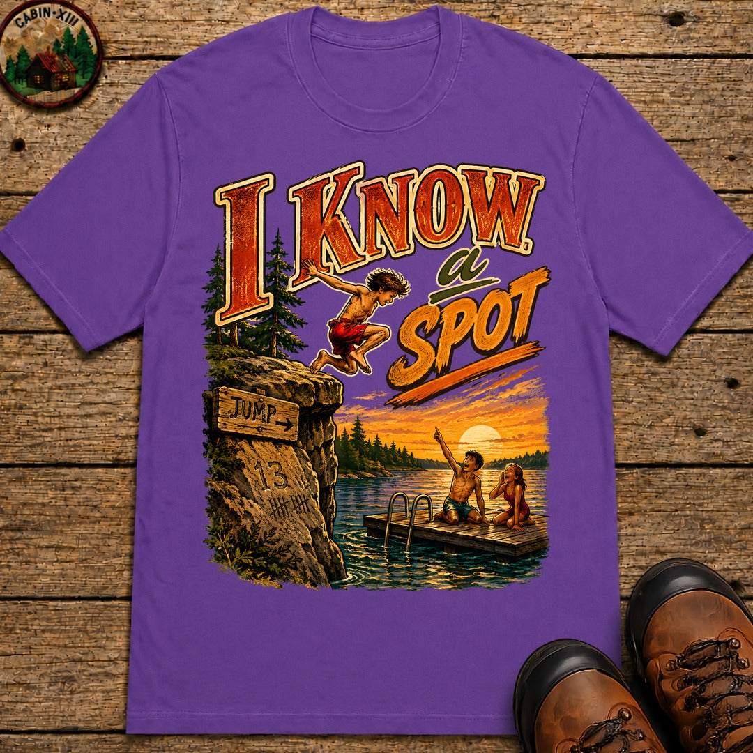 I Know a Spot — Vintage Lake Jumping Summer Camping Tee - Grape