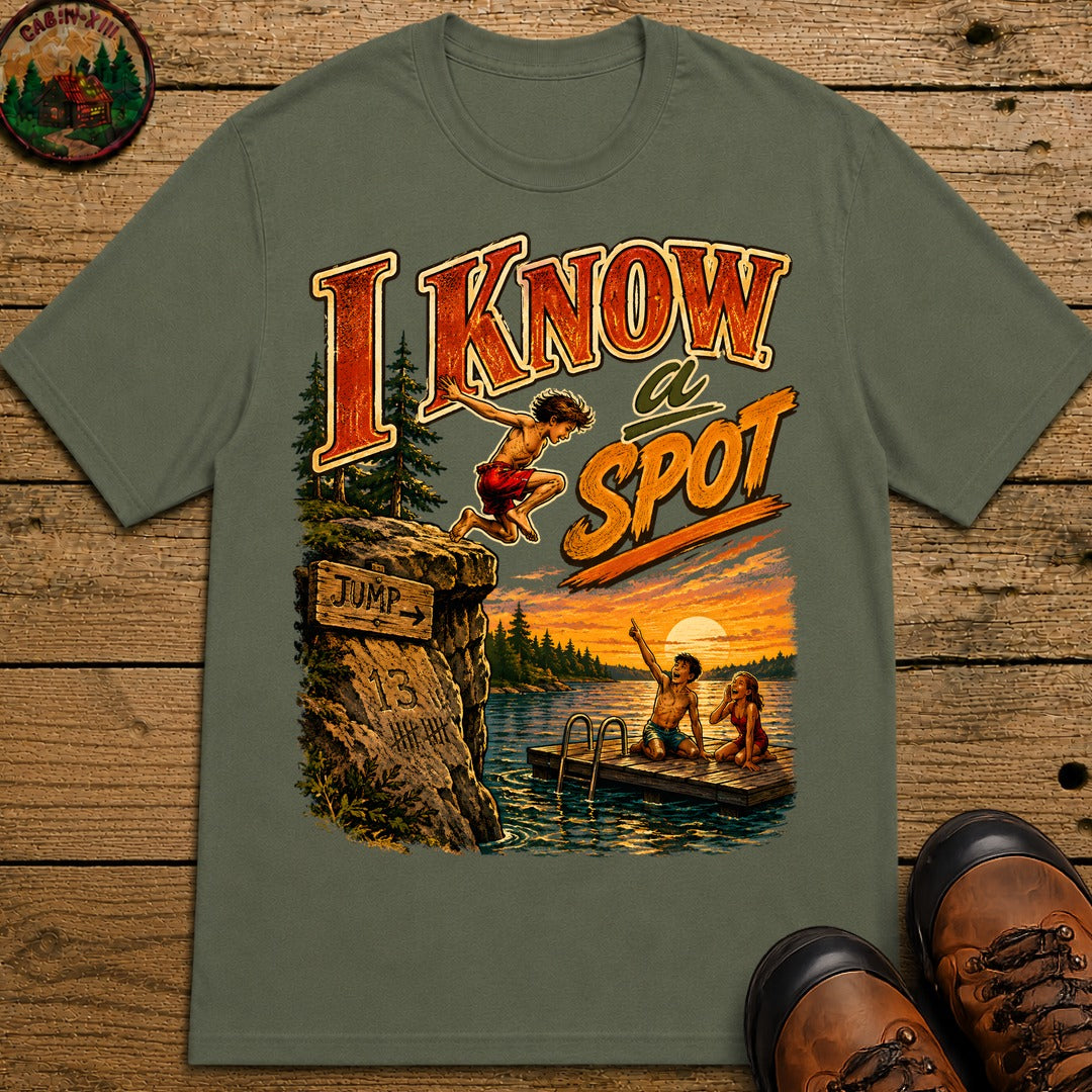 I Know a Spot — Vintage Lake Jumping Summer Camping Tee - Moss