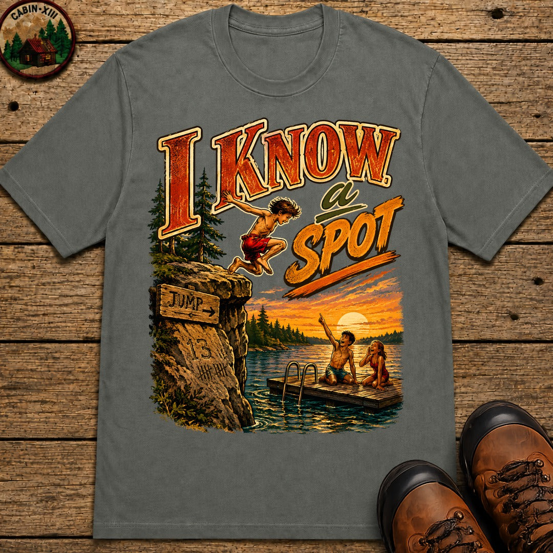 I Know a Spot — Vintage Lake Jumping Summer Camping Tee - Pepper