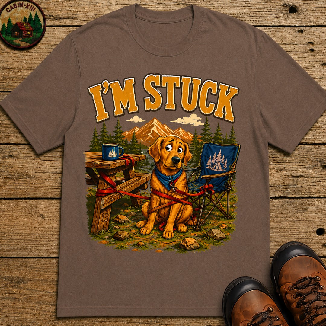 I'm Stuck — Funny Camping Dog Golden Retriever Outdoor Tee - Espresso