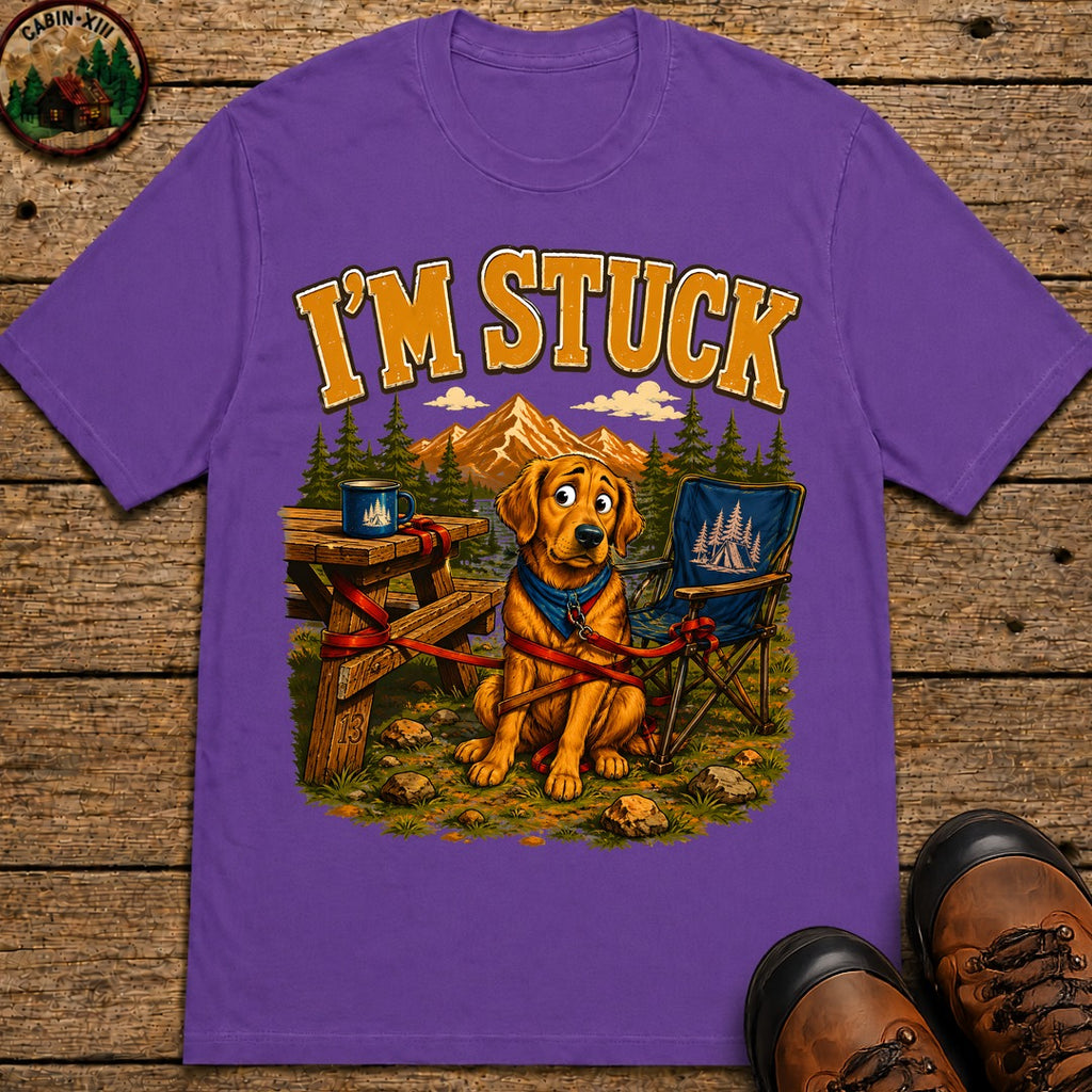 I'm Stuck — Funny Camping Dog Golden Retriever Outdoor Tee - Grape