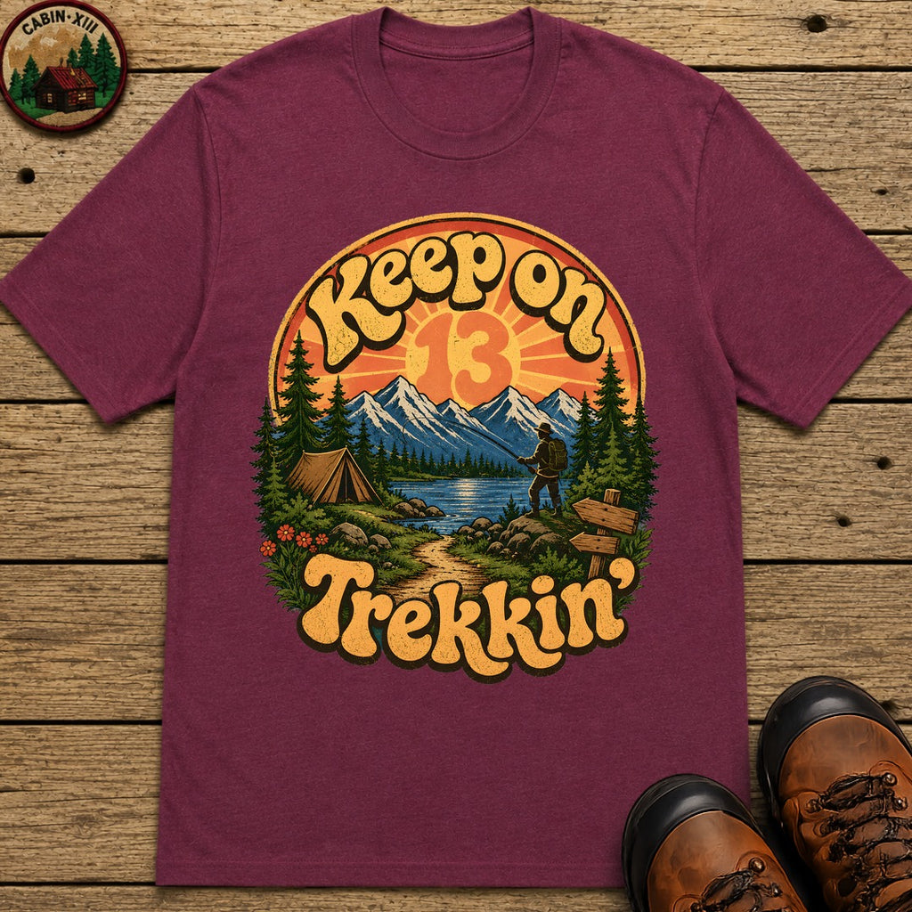 Keep On Trekkin' — Retro 70s Hiking and Camping Tee - Berry
