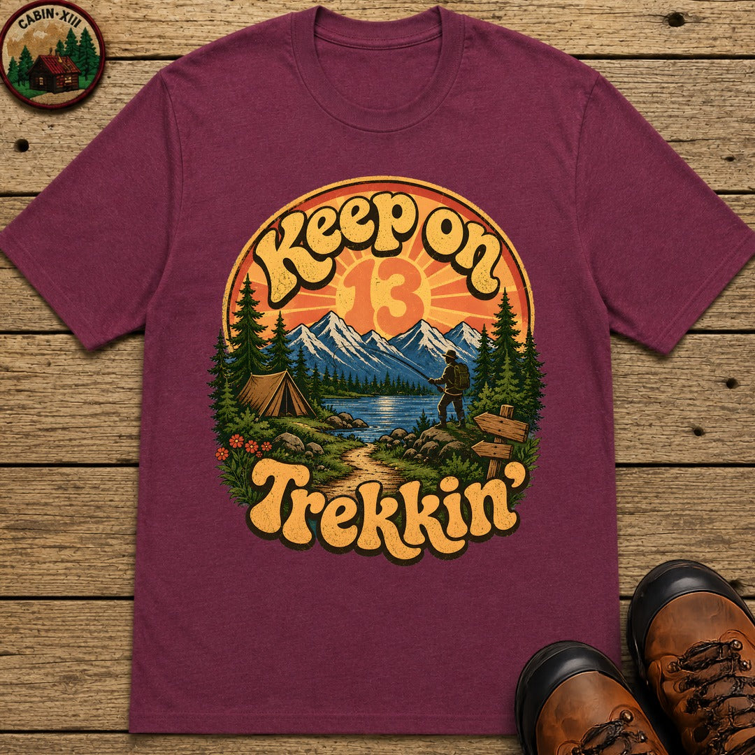 Keep On Trekkin' — Retro 70s Hiking and Camping Tee - Berry