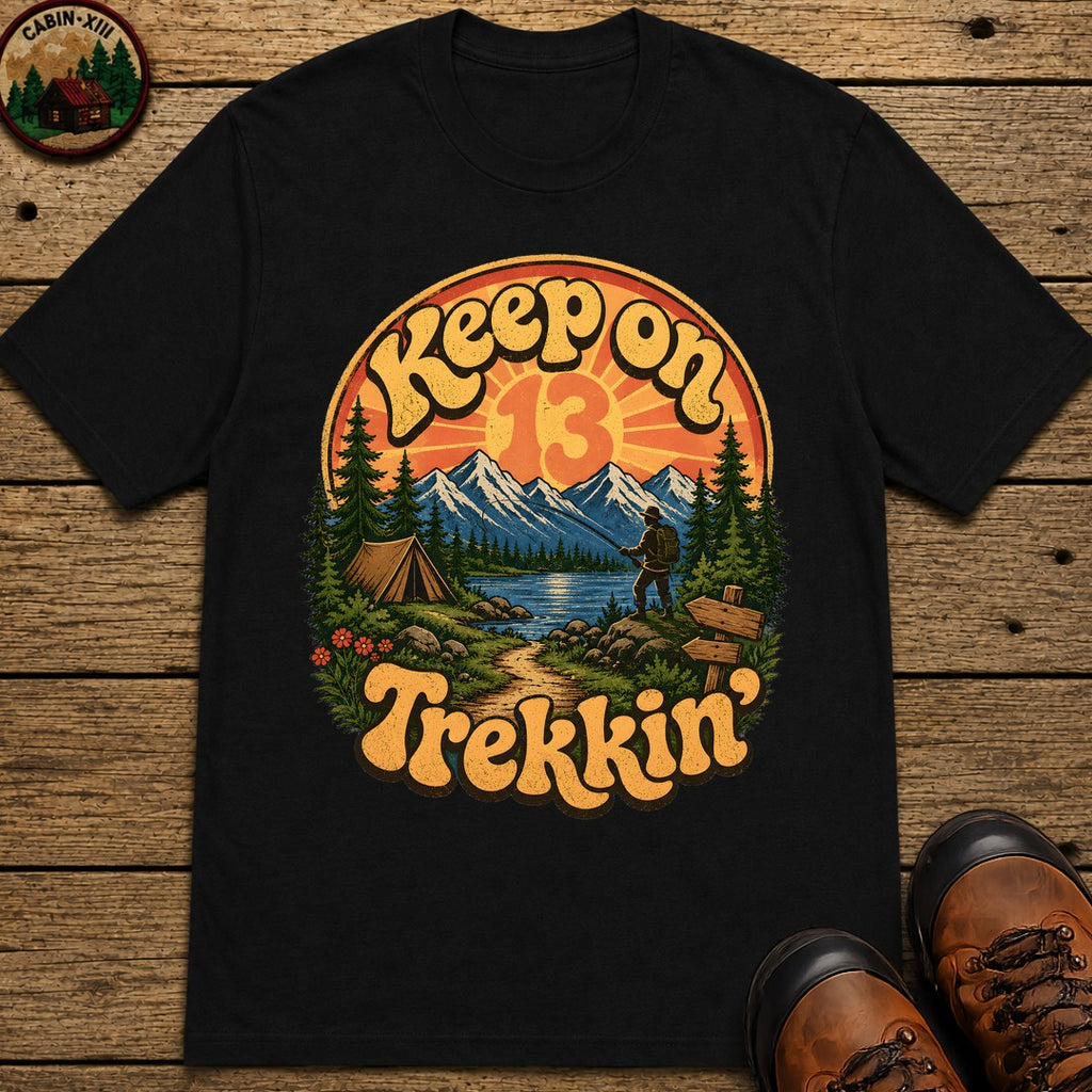 Keep On Trekkin' — Retro 70s Hiking and Camping Tee - Black