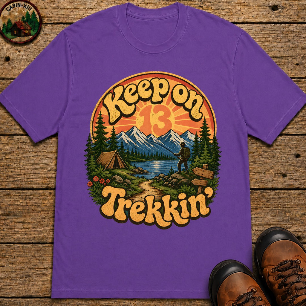 Keep On Trekkin' — Retro 70s Hiking and Camping Tee - Grape